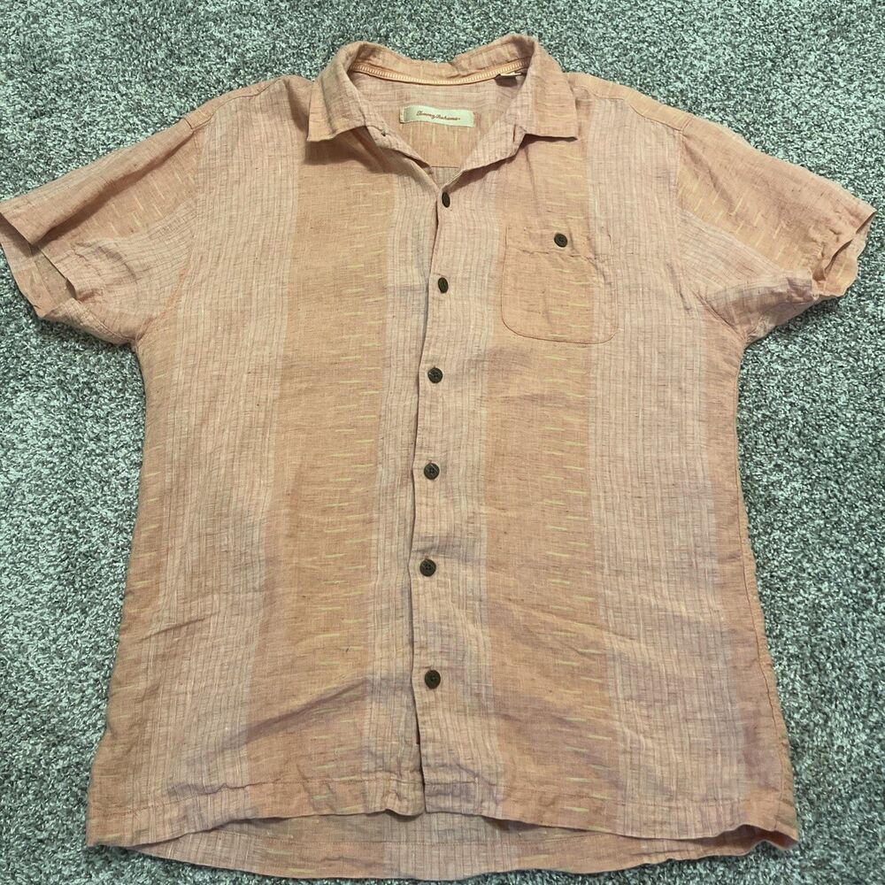 TOMMY BAHAMA Men's Linen Shirt Button Front Short Sleeve Orange-Red Size XL